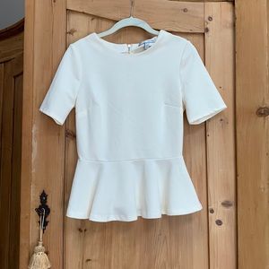 WDNY White Ivory Cream Bone Peplum Flare Hem Top Shirt Flounce Edge Short Sleeve